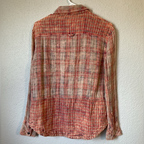Free People Orange Gauze Plaid Button Down Top Size Small - Picture 3 of 7